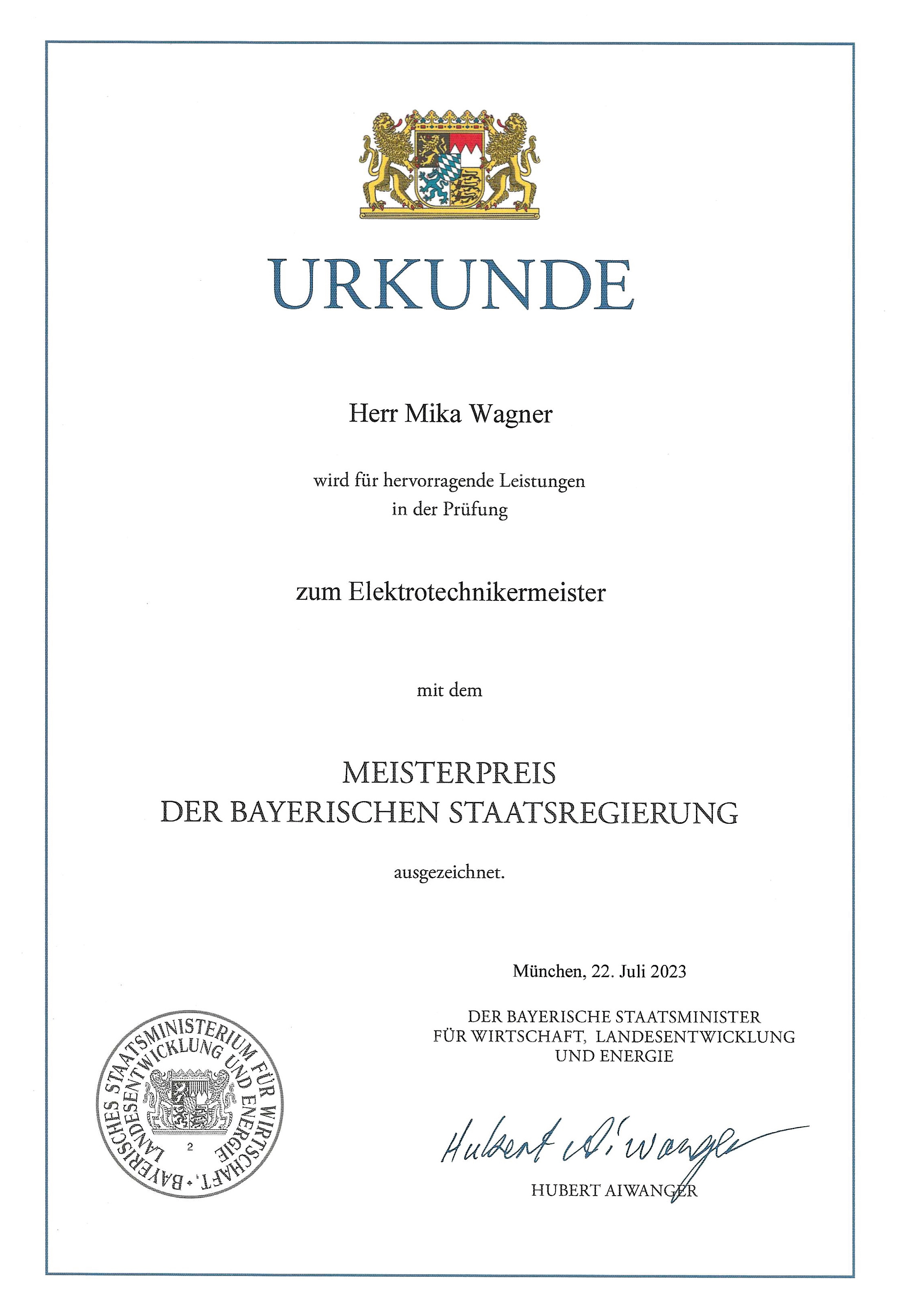 Urkunde: Meisterpreis der Bayerischen Staatsregierung